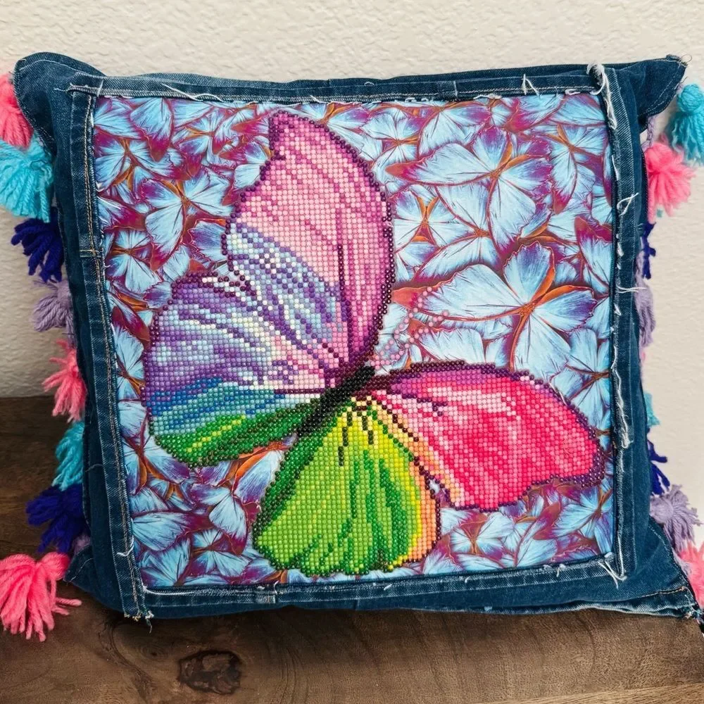 Sparkly Butterfly Colorful Beaded Handmade Throw Pillow